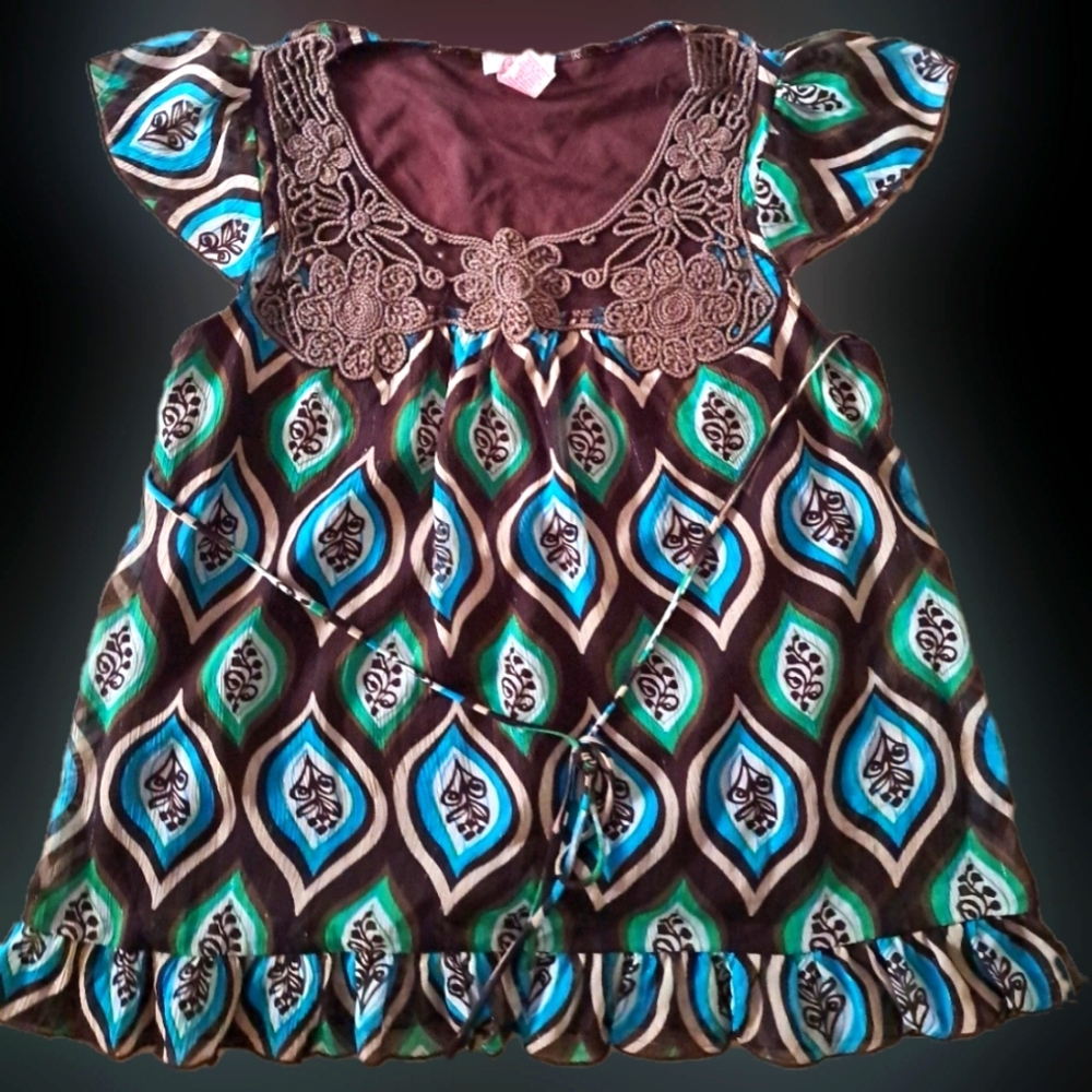 Vintage Candie's Green Brown Bulb Design Sheer Sleeveless Lace Top Ruffled Hem